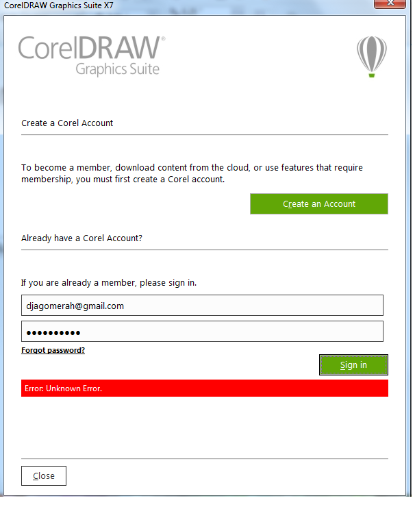 A Corel Account can't login. Error : Unknown Error - CorelDRAW X7